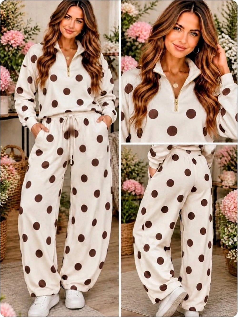 Zenana Viral Polka Dot Lounge Pants & Halfzip Pullover set in Cream & Brown